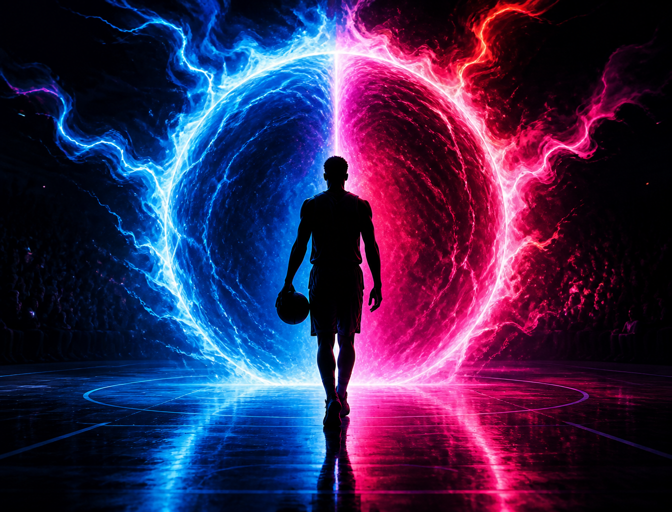A basketball player walking into a glowing blue and pink portal on a dark court
